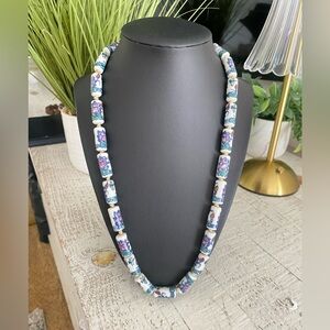 Cloisonne Porcelain Blue Beads LONG Necklace Blue and White Beaded Necklace